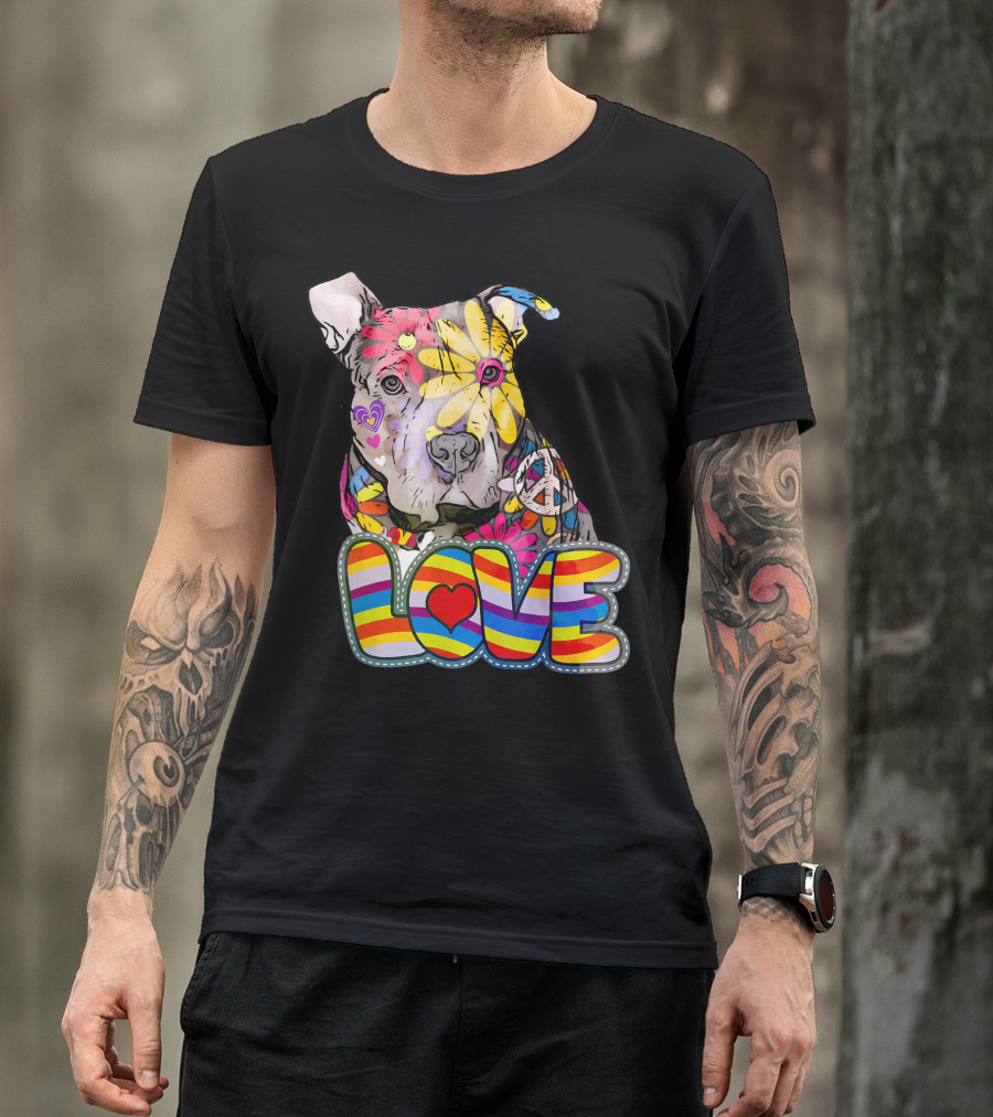 Colorful Peace Love Pitbulls Lover With Vibrant Heart And Peace T-Shirt