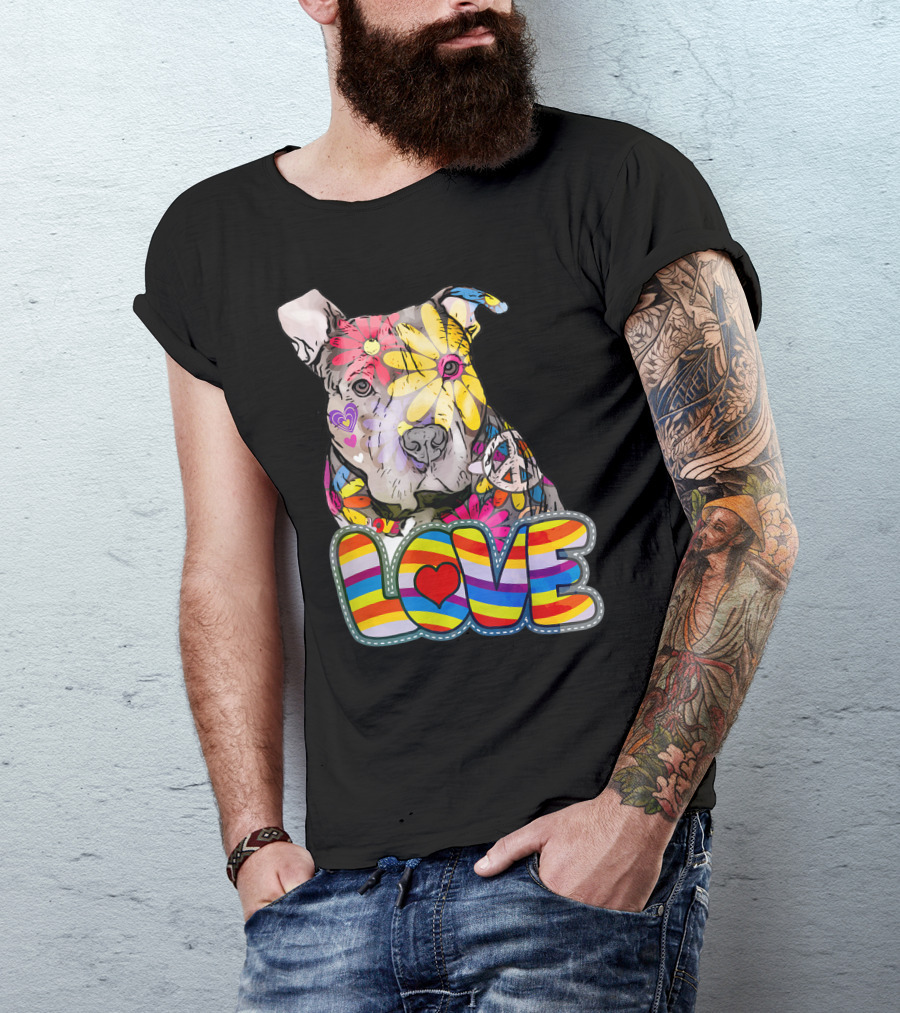 Colorful Peace Love Pitbulls Lover With Vibrant Heart And Peace T-Shirt