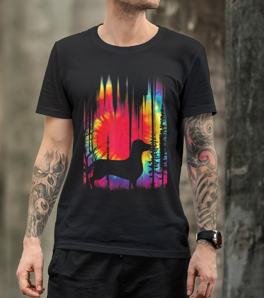 Colorful Tie Dye Dachshund Hippie Puppy Psychedelic Forest T-Shirt