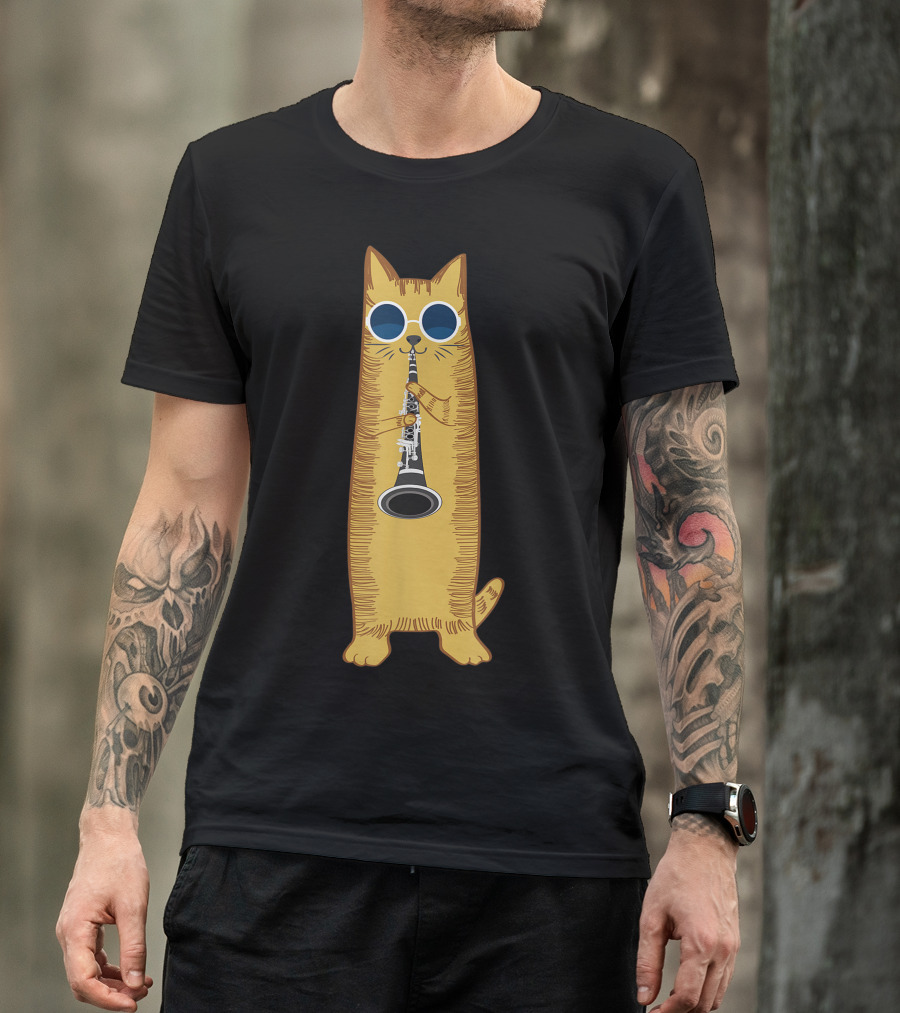 Cool Cat With Sunglasses Playing The Clarinet Hippy Hipster Kitty T-Shirt