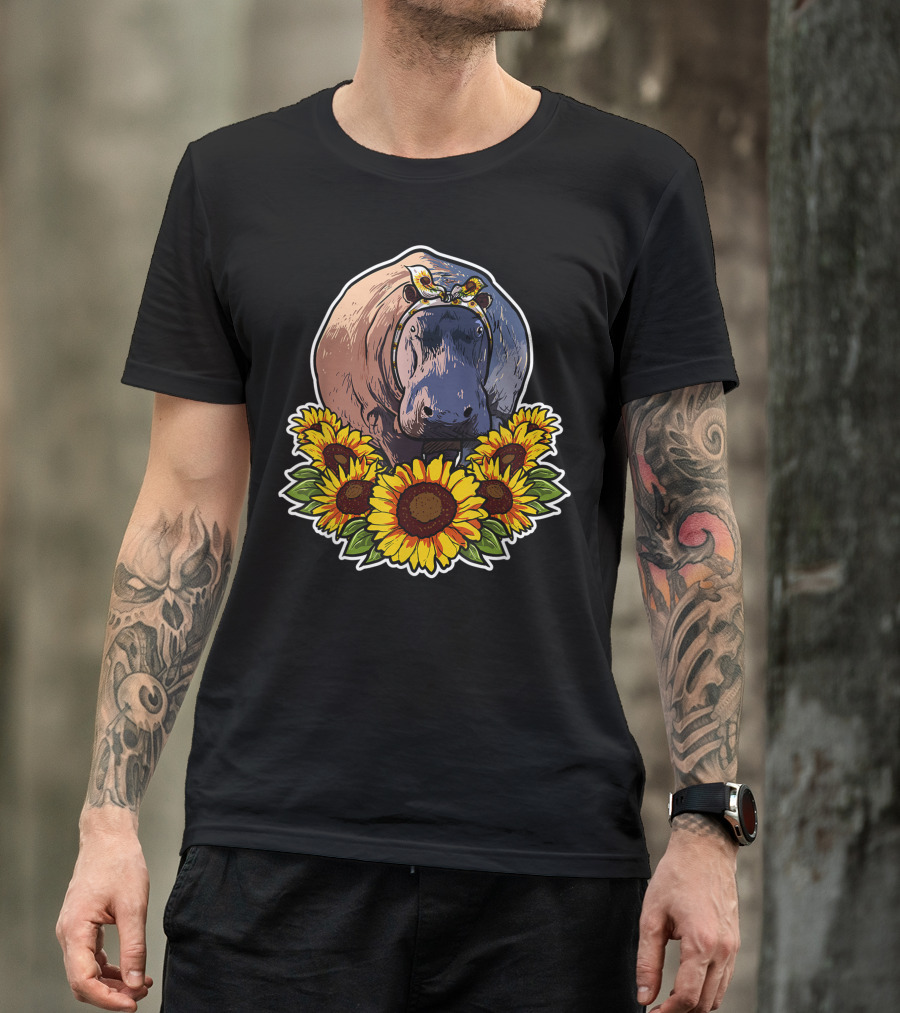 Hippopotamus With Sunflower Garland Cute Decor Hippo T-Shirt