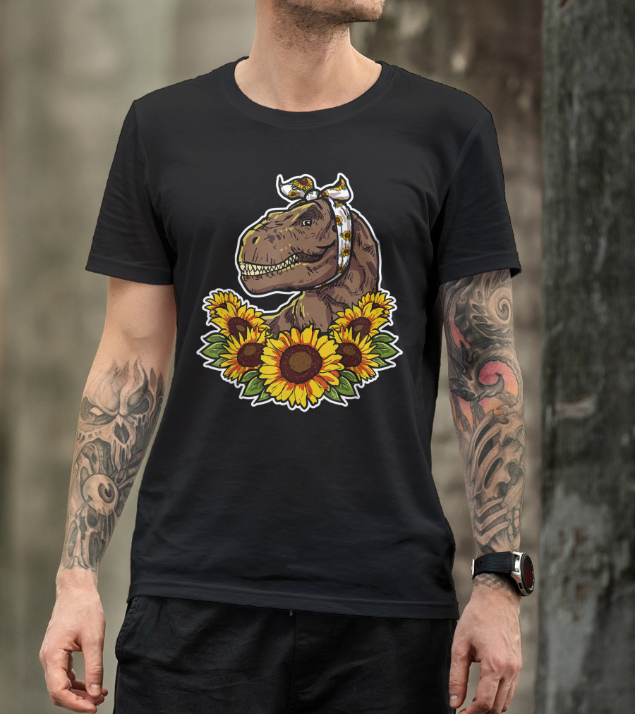 Cute Dinosaur With Sunflower Headband Surrounded By Sunflowers T-Shirt