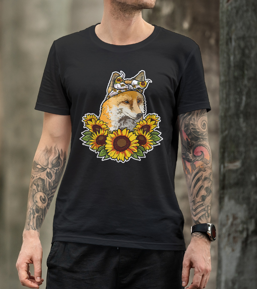 Cute Love Fox Sunflower Decor Fox With Sunflower Crown T-Shirt