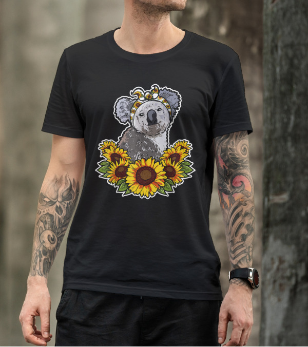 Koala Bear With Sunflower Headband Surrounded By Sunflower Decor T-Shirt