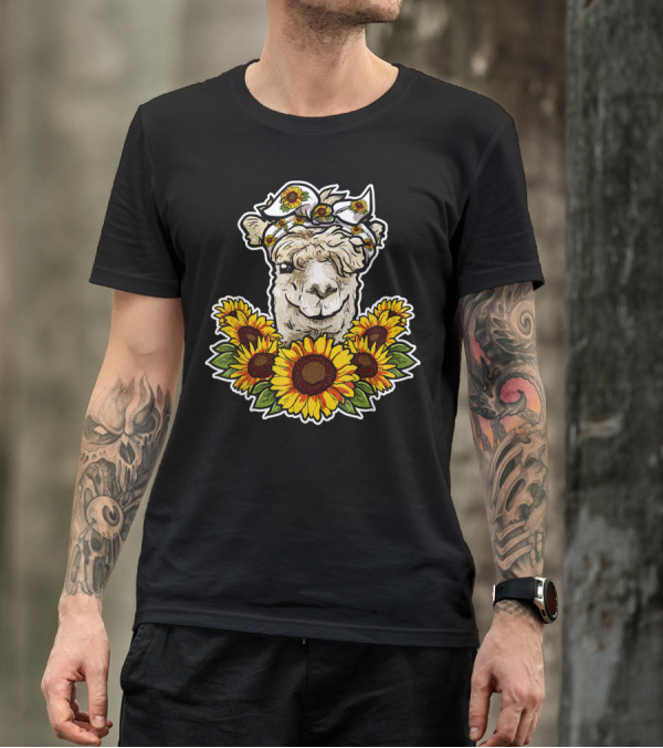 Cute Alpaca With Sunflower Headband And Floral Decor Llama Love T-Shirt