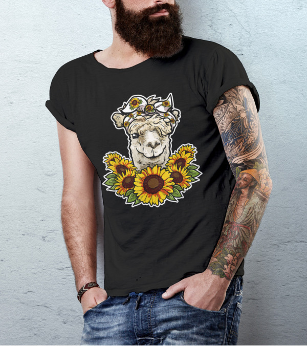Cute Alpaca With Sunflower Headband And Floral Decor Llama Love T-Shirt
