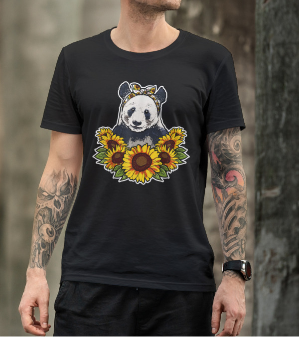 Cute Panda With Sunflower Headband Surrounded By Sunflower Decor T-Shirt