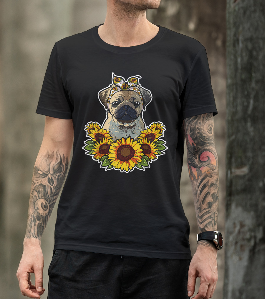 Cute Pug Surrounded By Sunflower Decor With Bandana T-Shirt