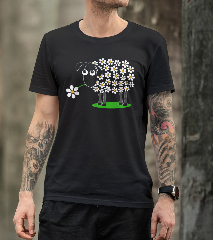 Sheep With Floral Pattern Wool Holding Flower T-Shirt