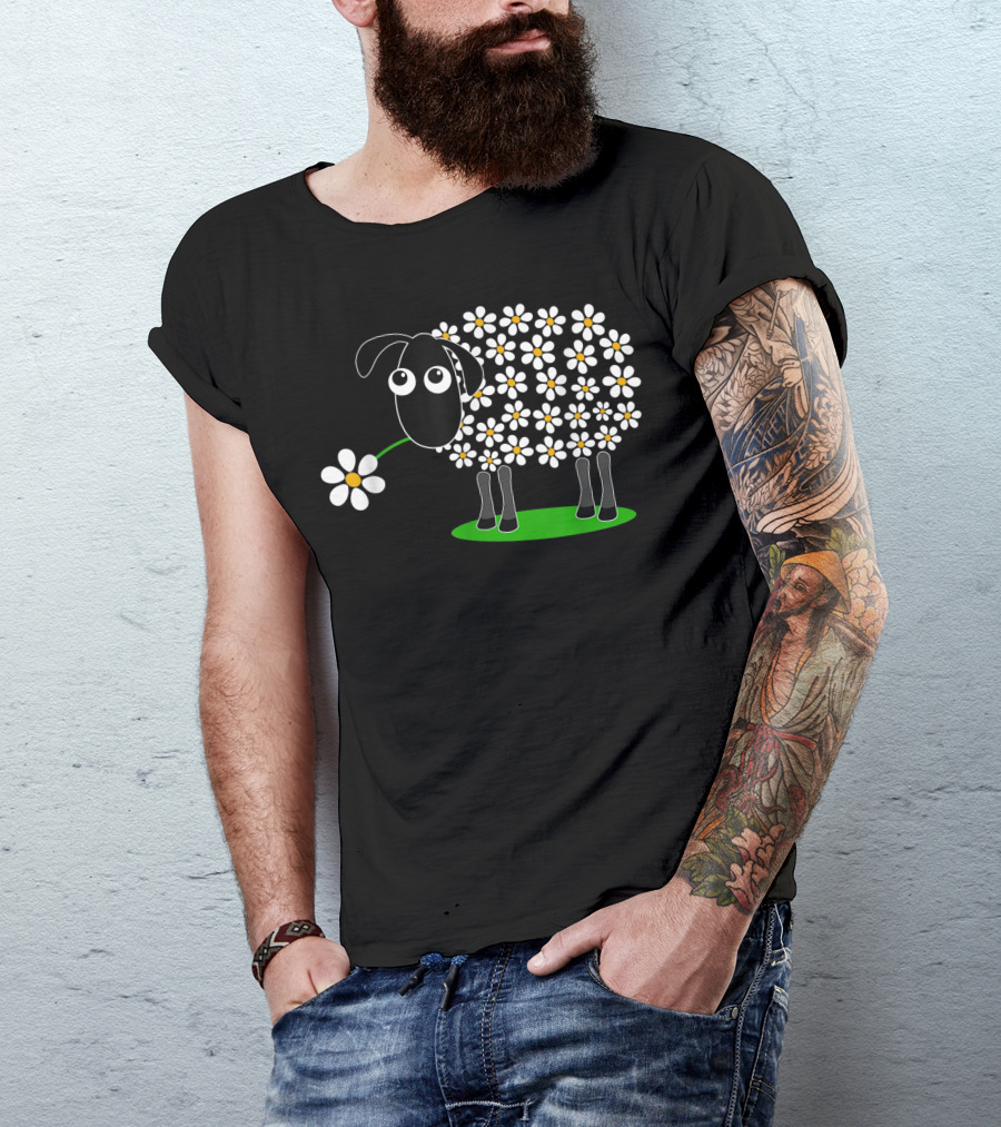 Sheep With Floral Pattern Wool Holding Flower T-Shirt