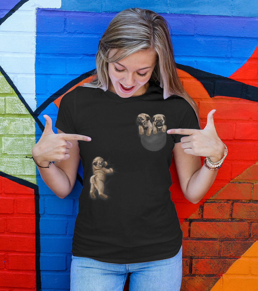 Cute Sleepy Pug Hang Out In Pocket Dog Playful Pug Puppies T-Shirt