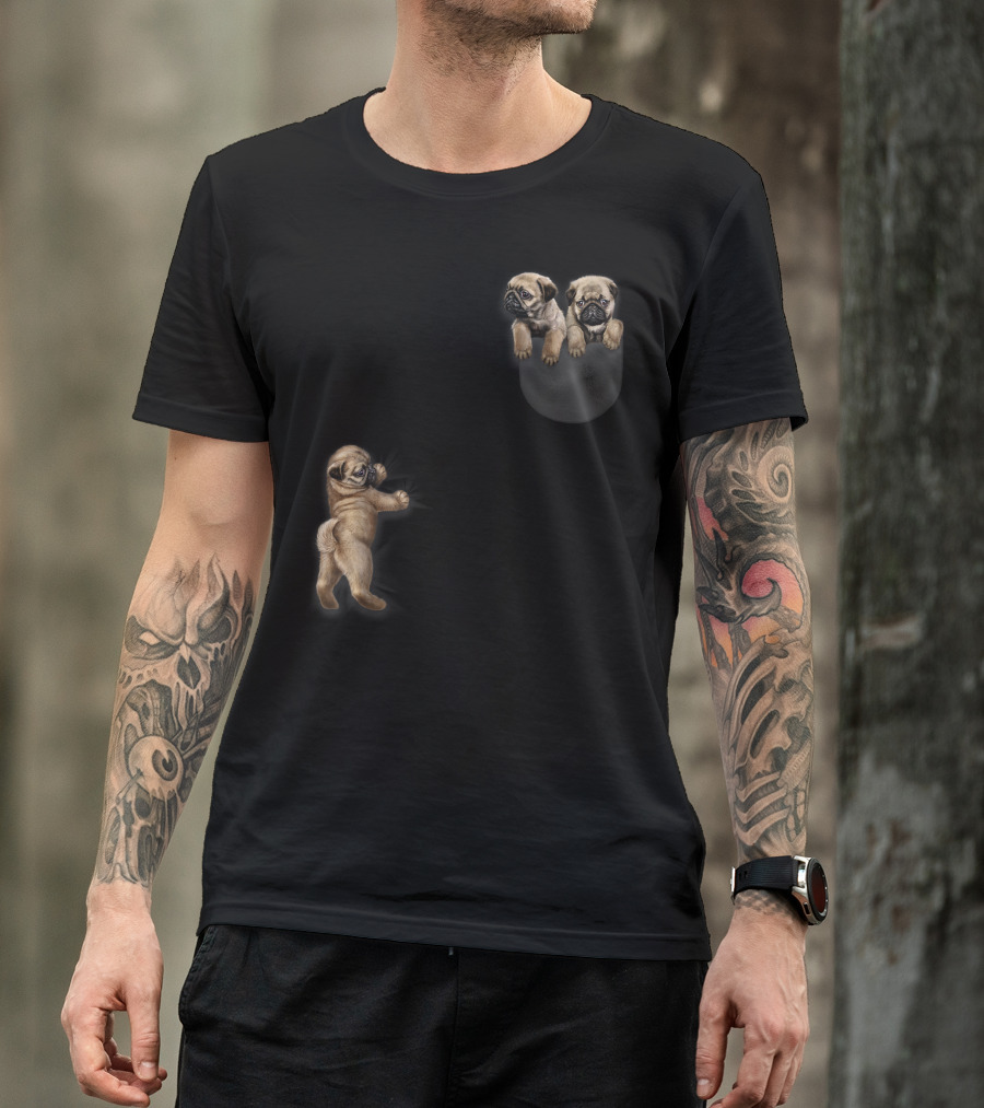 Cute Sleepy Pug Hang Out In Pocket Dog Playful Pug Puppies T-Shirt