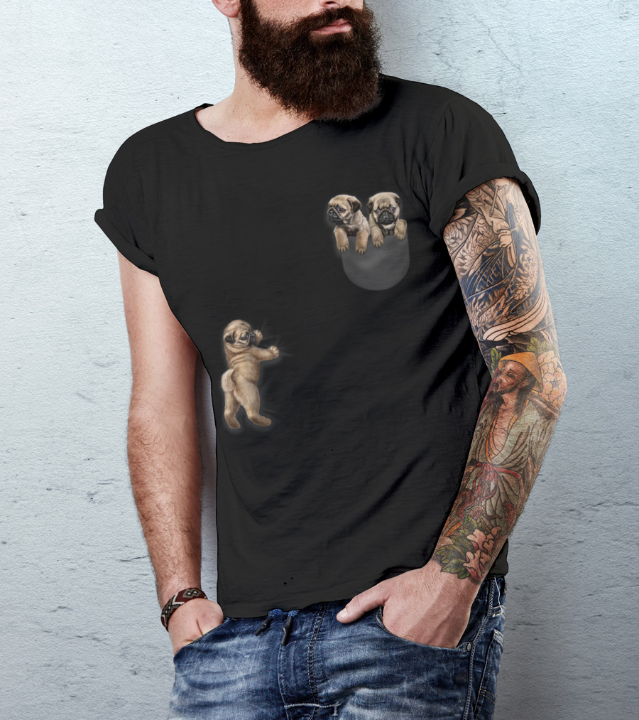 Cute Sleepy Pug Hang Out In Pocket Dog Playful Pug Puppies T-Shirt