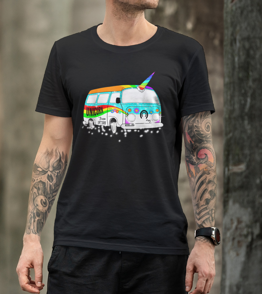 Team Unicorn Van With Rainbow Colors And Flowers T-Shirt