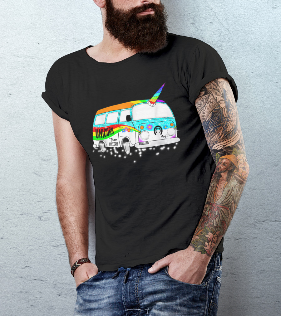 Team Unicorn Van With Rainbow Colors And Flowers T-Shirt