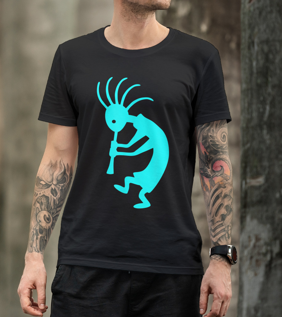 Cyan Blue Kokopelli Native Southwestern Petroglyph T-Shirt