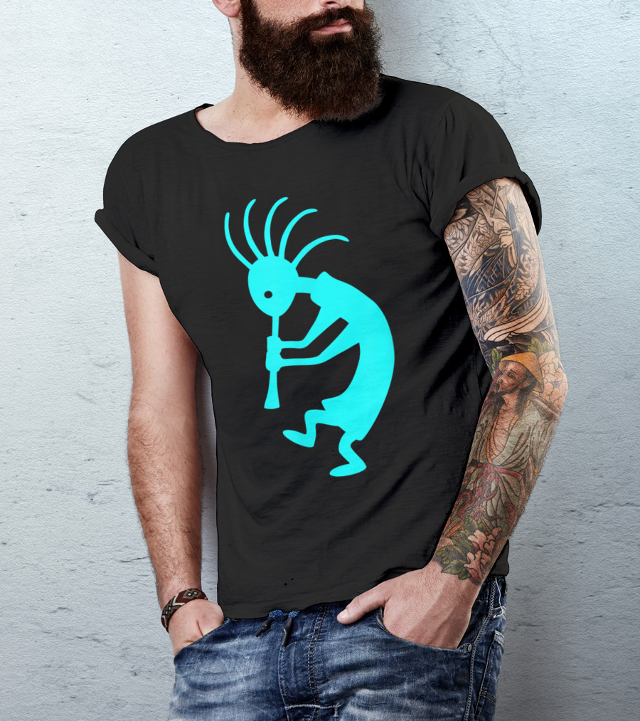 Cyan Blue Kokopelli Native Southwestern Petroglyph T-Shirt