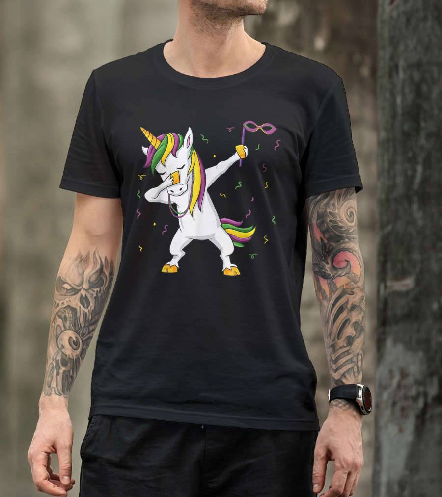 Dabbing Unicorn Mardi Gras Girls Kids Dab Mask Confetti T-Shirt