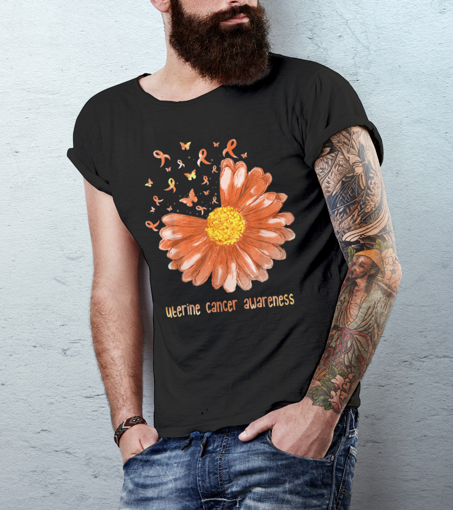 Daisy Butterfly Peach Ribbon Uterine Cancer Awareness T-Shirt