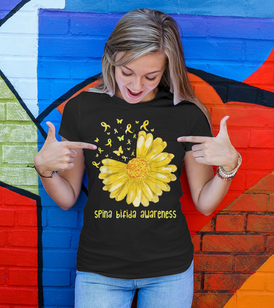Daisy Butterfly Yellow Ribbon Spina Bifida Awareness Flower T-Shirt