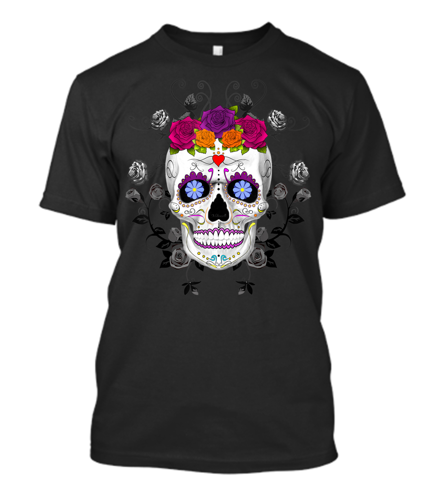 Day Of The Dead Sugar Skull Muertos Floral Roses Colorful T-Shirt