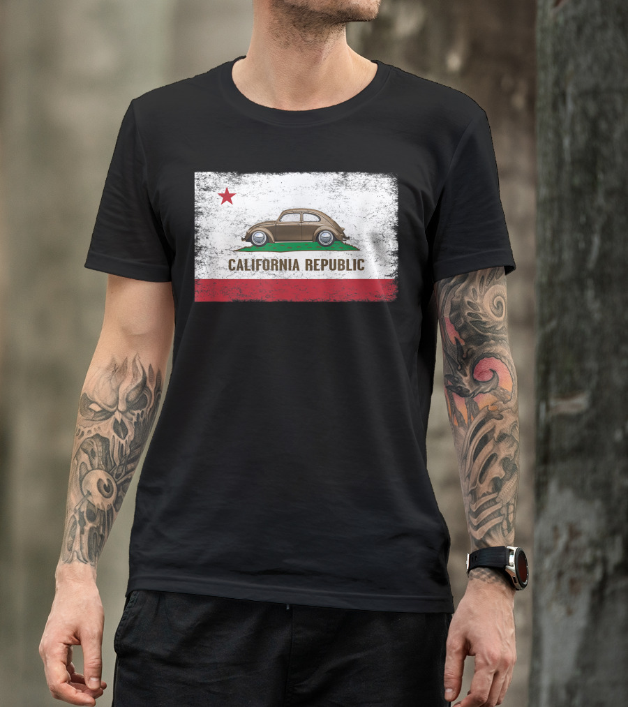Distressed California Republic Flag With Beetle Buggy Humor T-Shirt