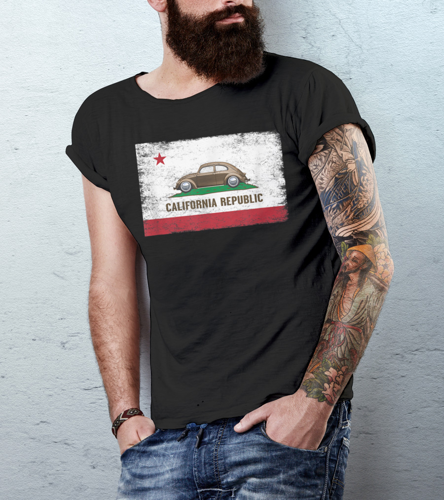 Distressed California Republic Flag With Beetle Buggy Humor T-Shirt