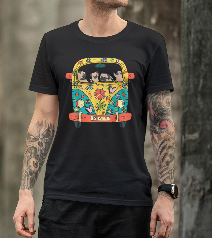 Hippie Pugs In Peaceful Flower Power Van With Love And Peace Signs T-Shirt