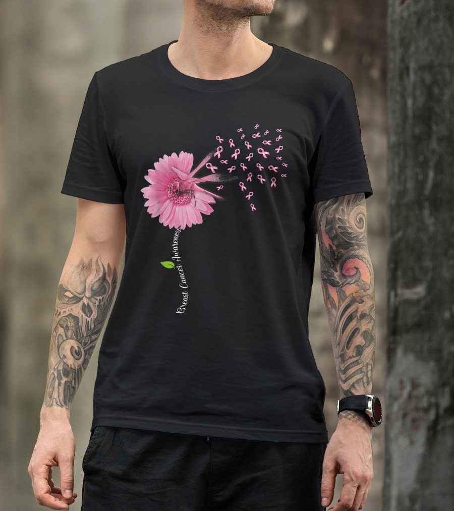 Breast Cancer Awareness Pink Ribbon Dragonfly Flower Women T-Shirt