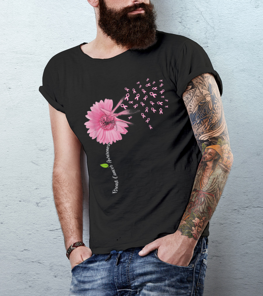 Breast Cancer Awareness Pink Ribbon Dragonfly Flower Women T-Shirt
