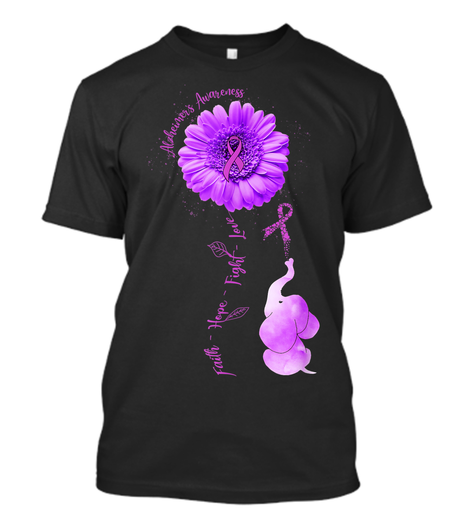 Alzheimers Awareness Purple Ribbon Elephant Faith Hope Fight Love Flower T-Shirt