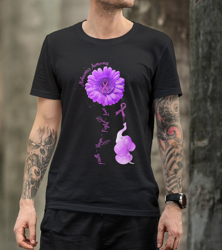 Alzheimers Awareness Purple Ribbon Elephant Faith Hope Fight Love Flower T-Shirt