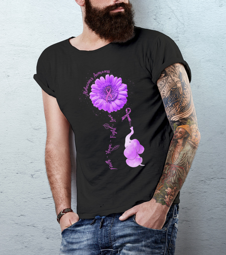 Alzheimers Awareness Purple Ribbon Elephant Faith Hope Fight Love Flower T-Shirt