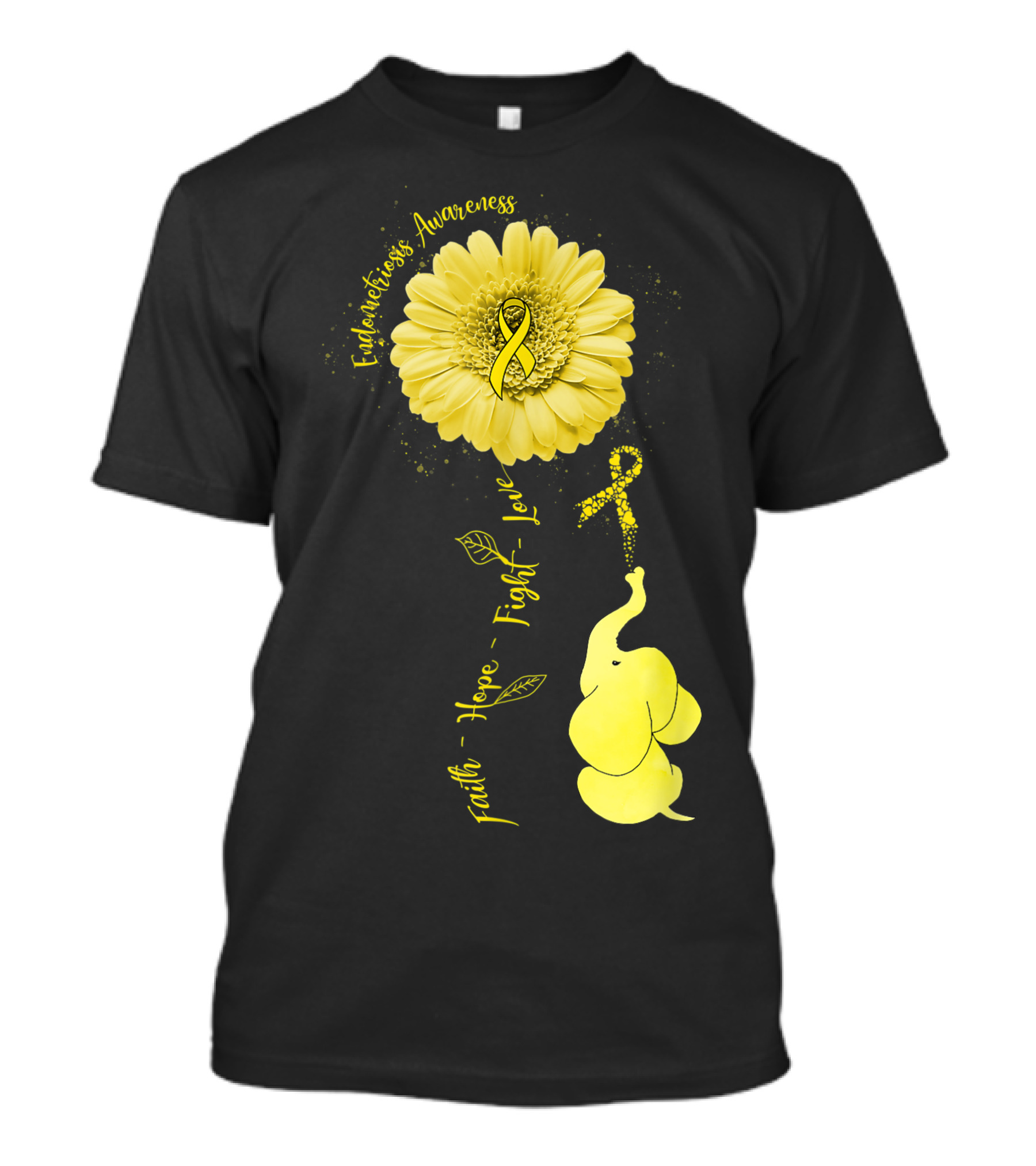 Endometriosis Awareness Elephant Faith Hope Fight Love Yellow Ribbon Flower T-Shirt
