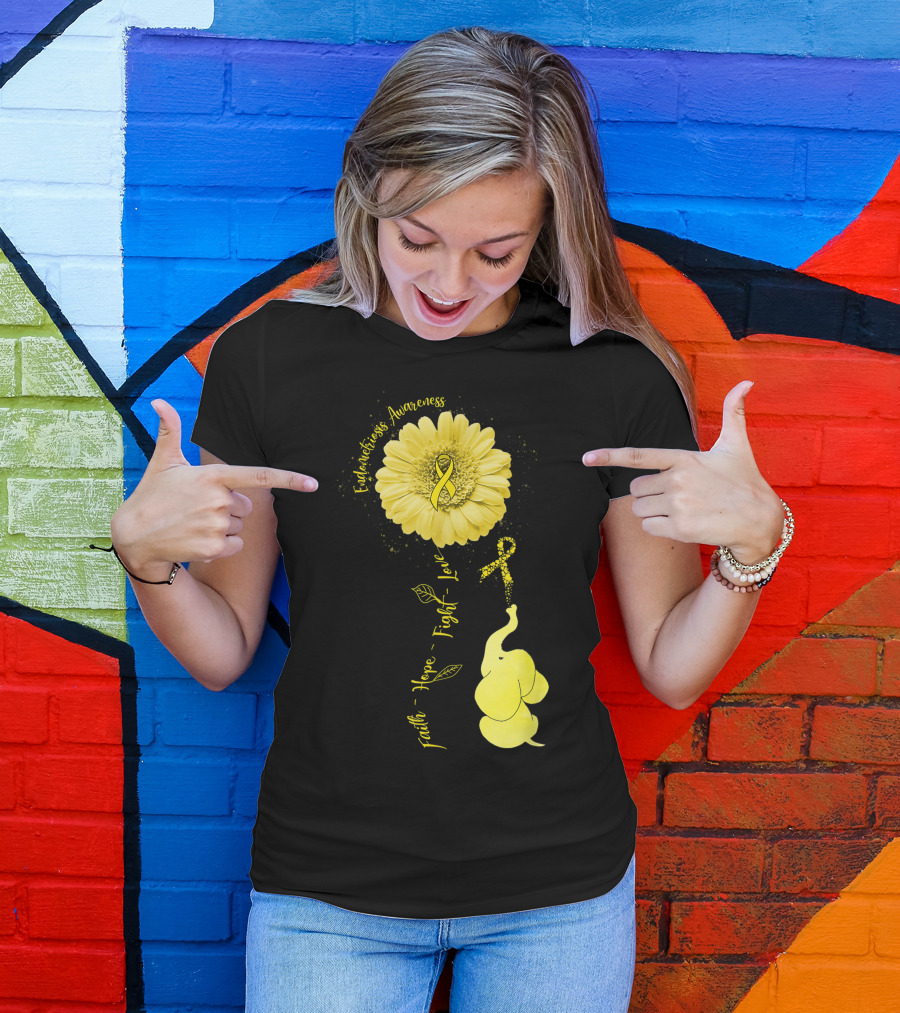 Endometriosis Awareness Elephant Faith Hope Fight Love Yellow Ribbon Flower T-Shirt