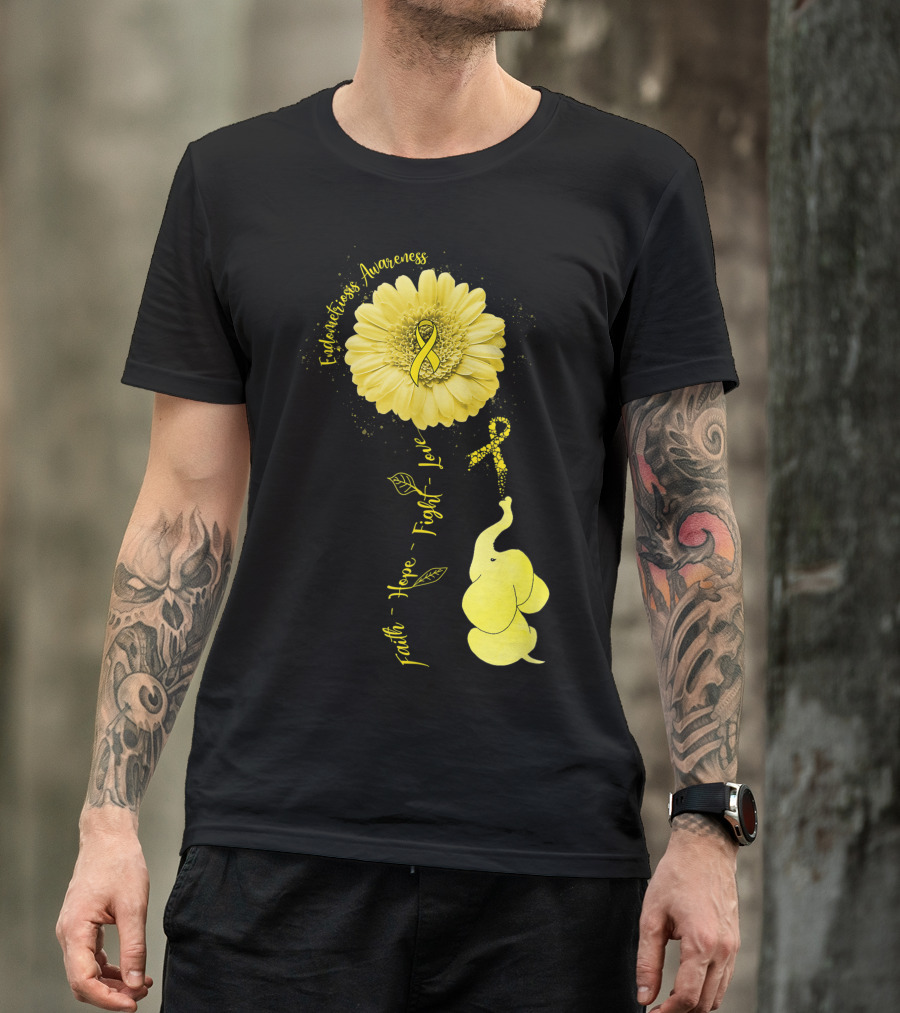 Endometriosis Awareness Elephant Faith Hope Fight Love Yellow Ribbon Flower T-Shirt