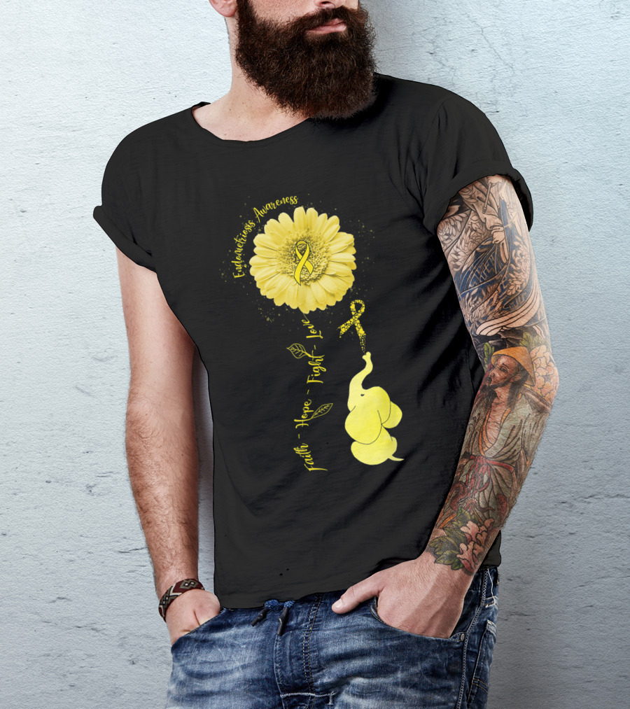 Endometriosis Awareness Elephant Faith Hope Fight Love Yellow Ribbon Flower T-Shirt