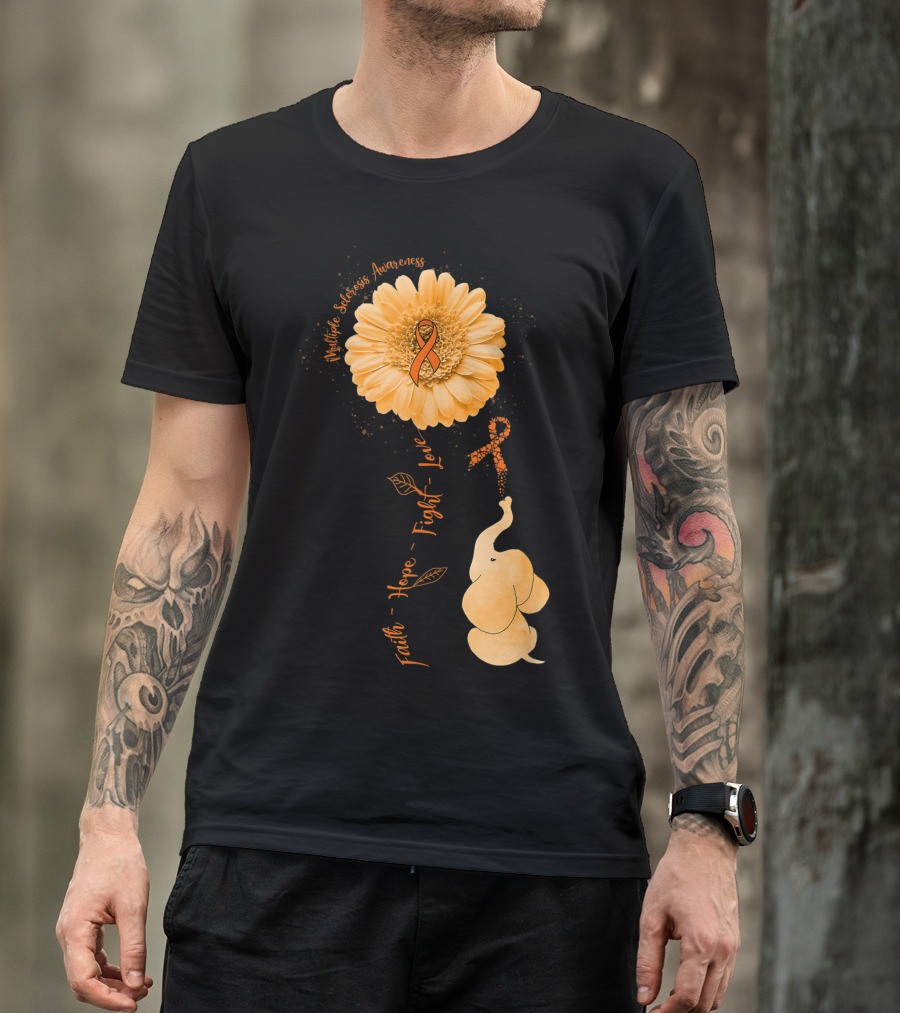 Faith Hope Fight Love Multiple Sclerosis Awareness Elephant Flower T-Shirt