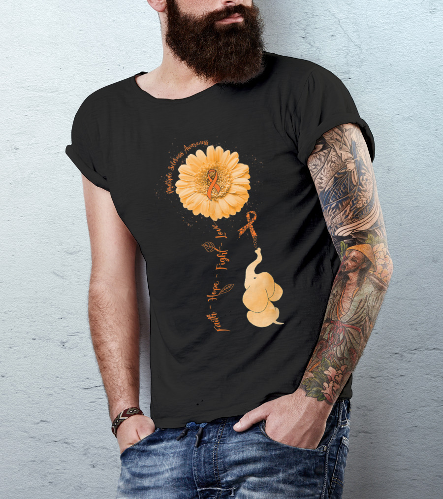 Faith Hope Fight Love Multiple Sclerosis Awareness Elephant Flower T-Shirt