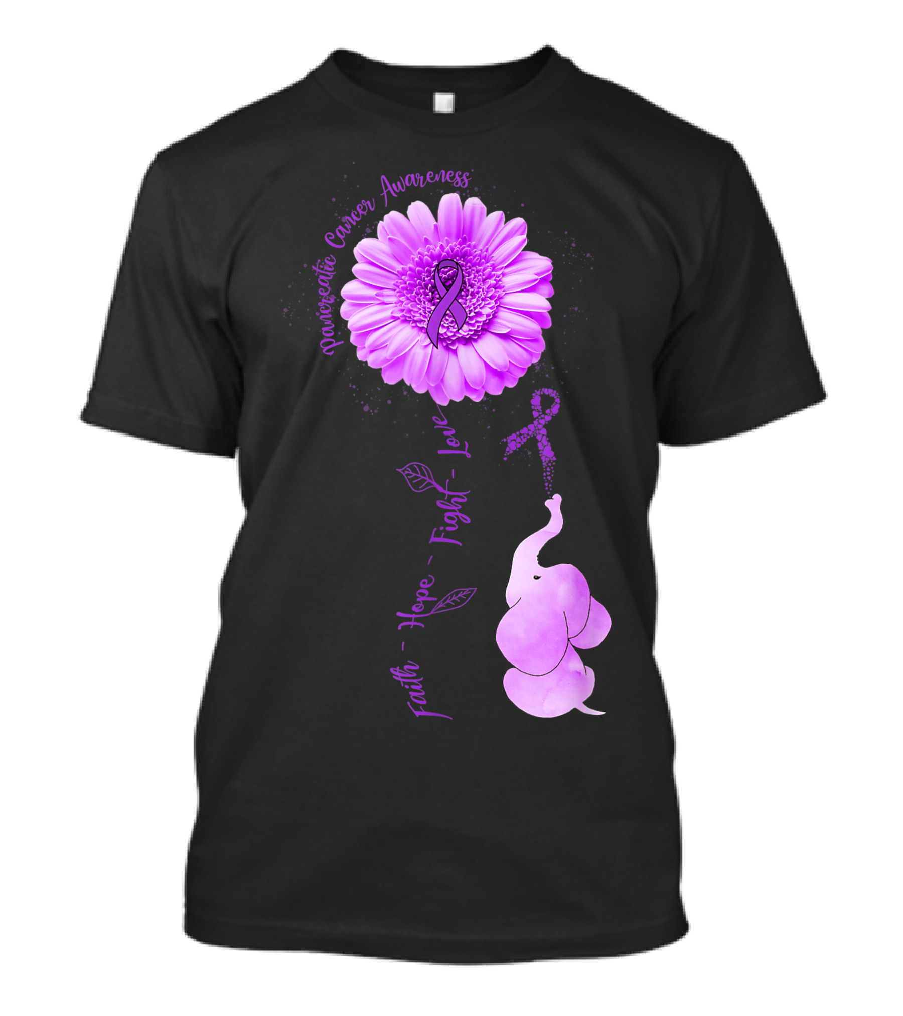 Elephant Faith Hope Fight Love Pancreatic Cancer Awareness Purple Flower T-Shirt