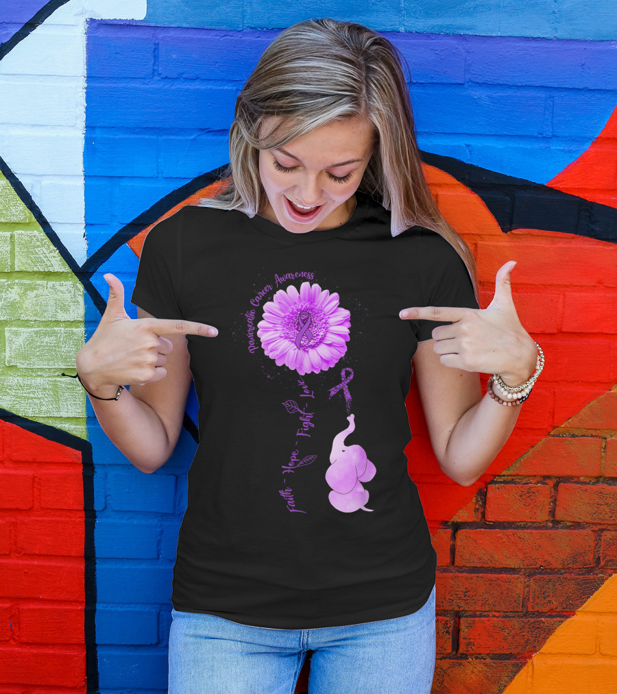 Elephant Faith Hope Fight Love Pancreatic Cancer Awareness Purple Flower T-Shirt