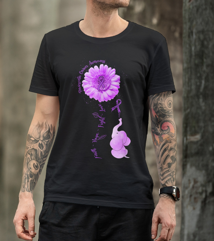Elephant Faith Hope Fight Love Pancreatic Cancer Awareness Purple Flower T-Shirt