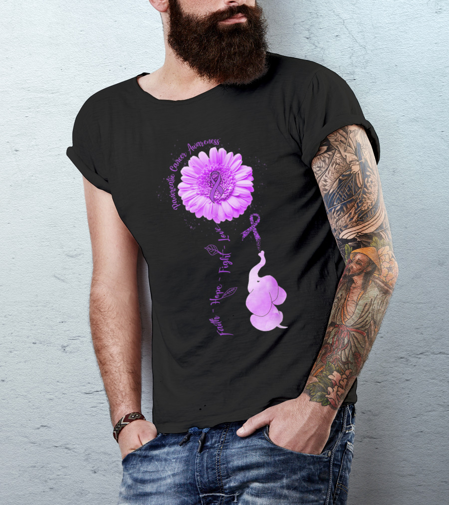Elephant Faith Hope Fight Love Pancreatic Cancer Awareness Purple Flower T-Shirt