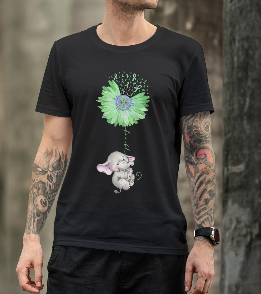 Faith Elephant Holding Green Sunflower With Mental Health Awareness Ribbons T-Shirt
