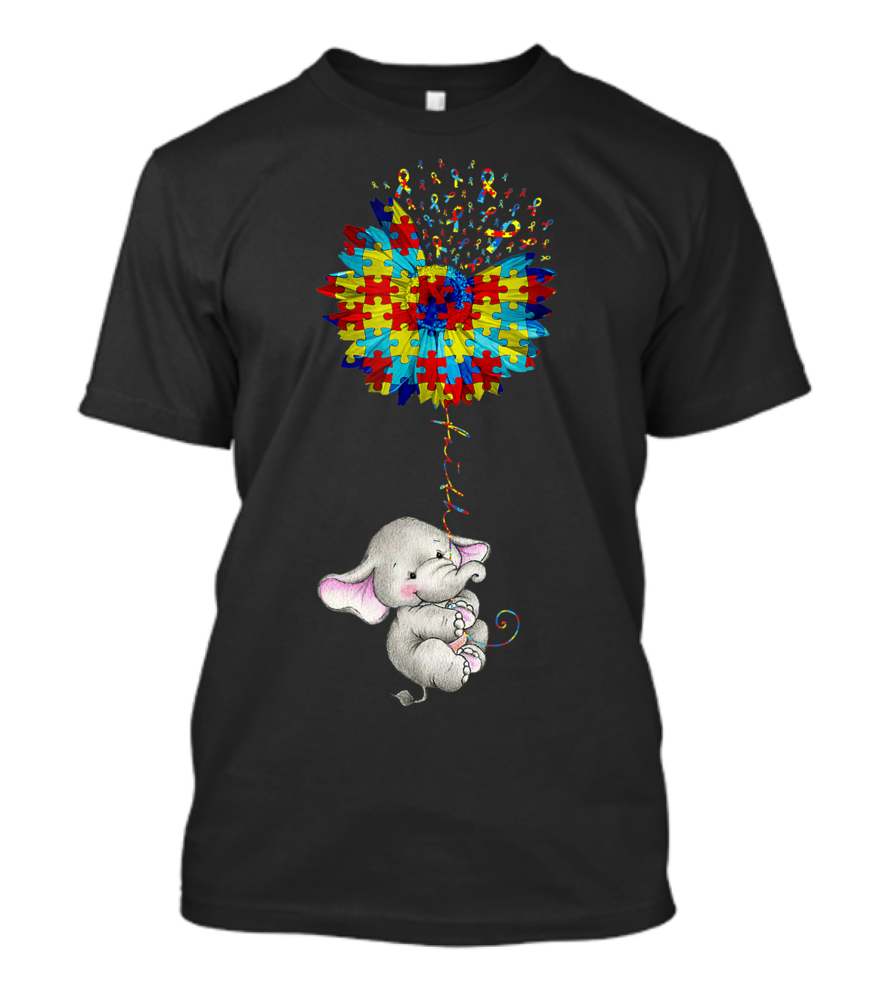 Faith Elephant Puzzle Pieces Sunflower Autism Awareness T-Shirt
