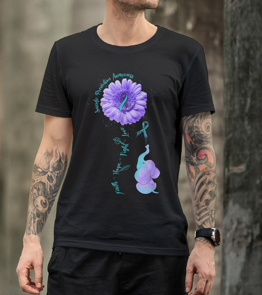 Faith Hope Fight Love Elephant Purple Ribbon Flower Suicide Prevention Awareness T-Shirt