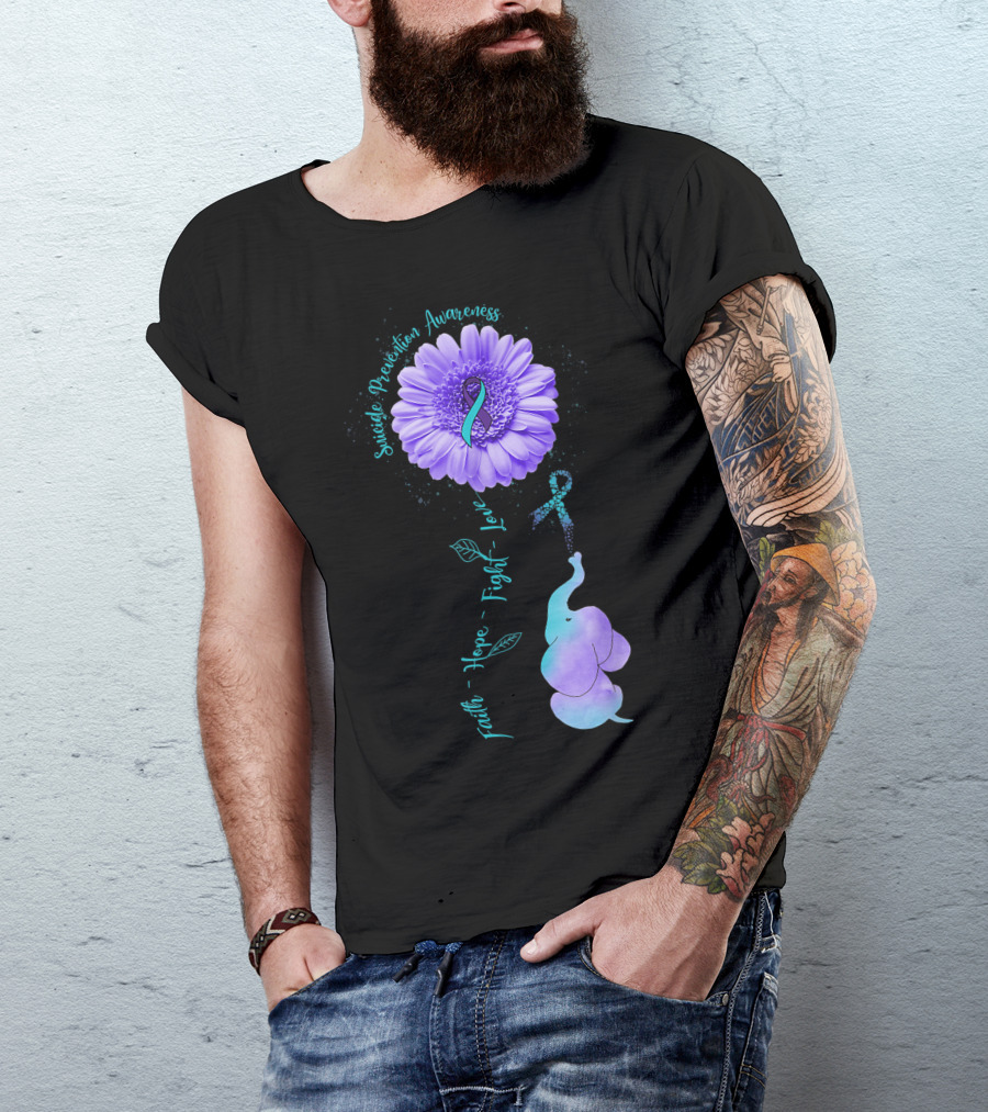 Faith Hope Fight Love Elephant Purple Ribbon Flower Suicide Prevention Awareness T-Shirt