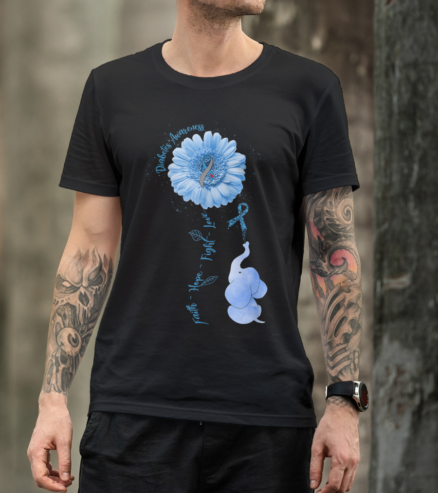 Faith Hope Fight Love Diabetes Awareness Sunflower Elephant T-Shirt