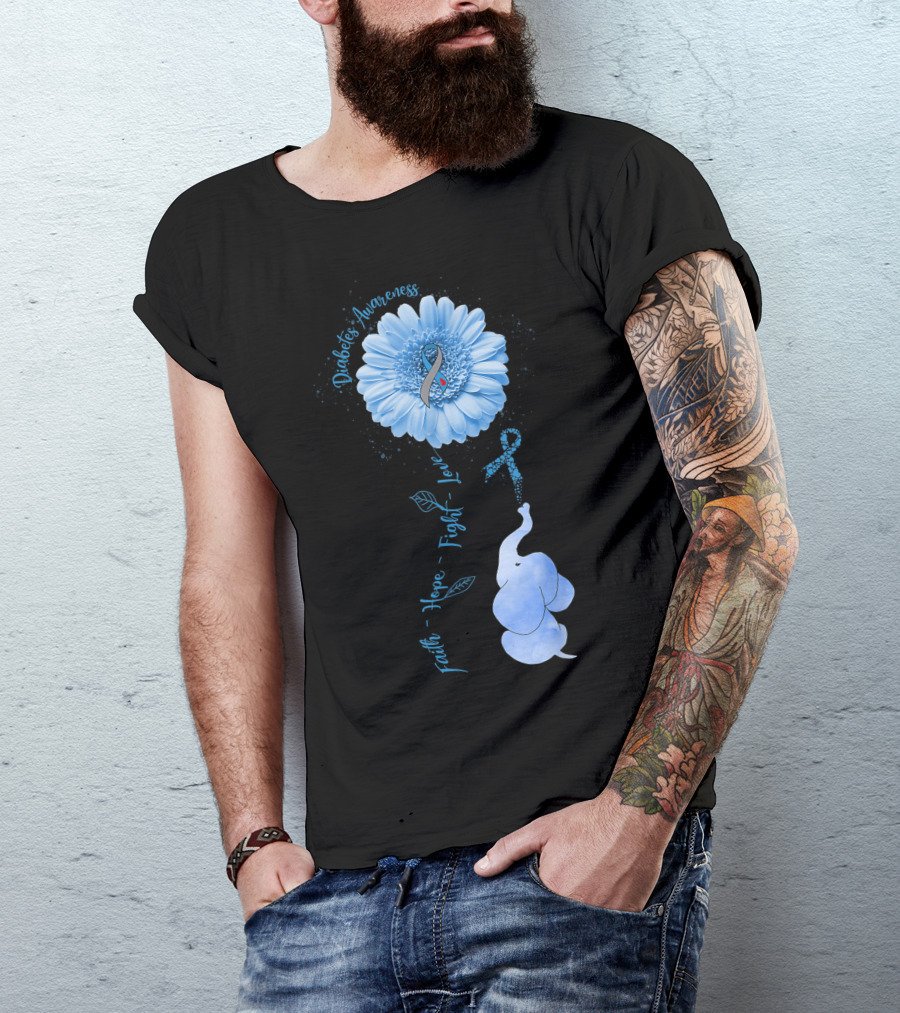 Faith Hope Fight Love Diabetes Awareness Sunflower Elephant T-Shirt