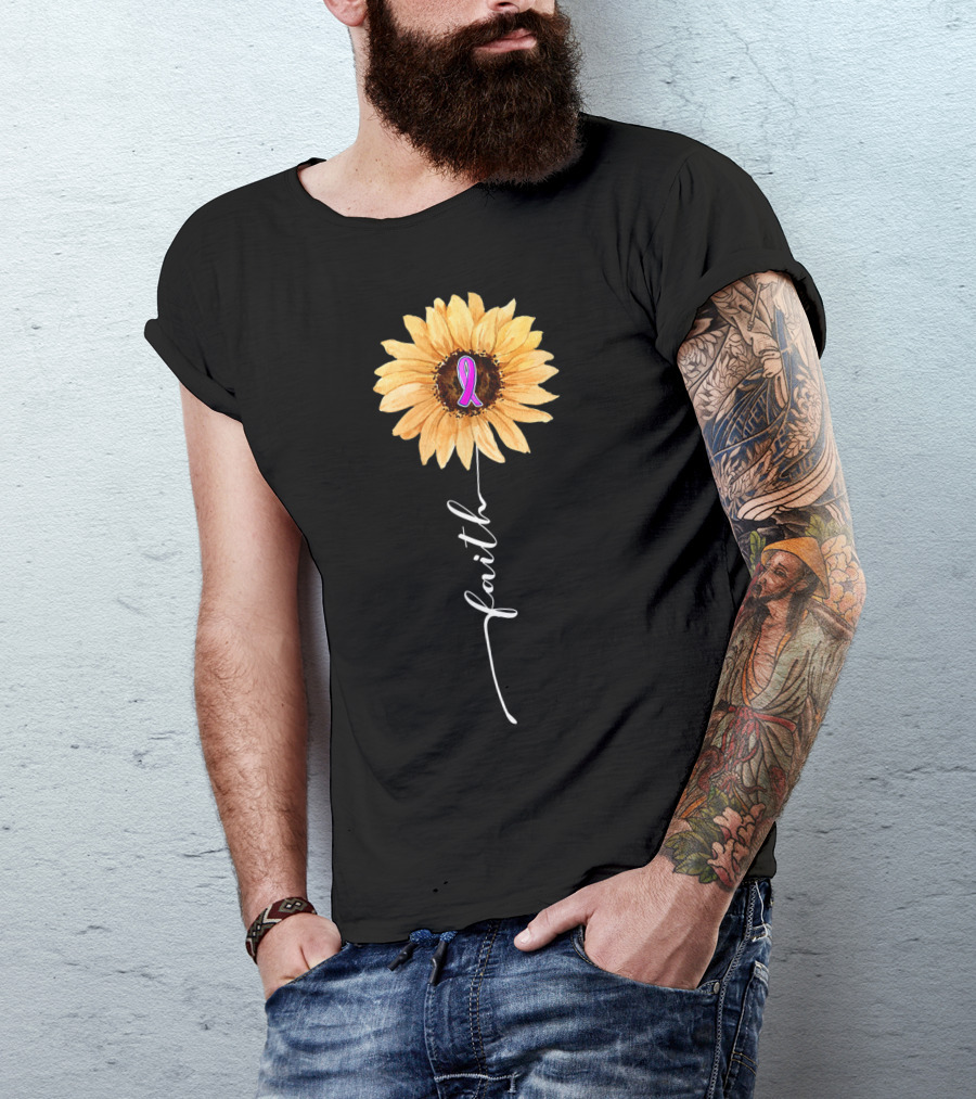 Faith Sunflower With Pink Ribbon For Breast Cancer Awareness T-Shirt